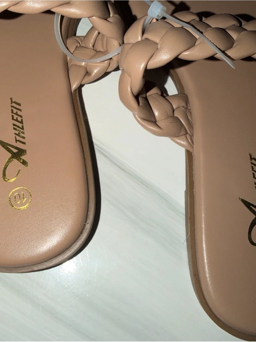 Braided Double-Strap Slide Sandals in Taupe